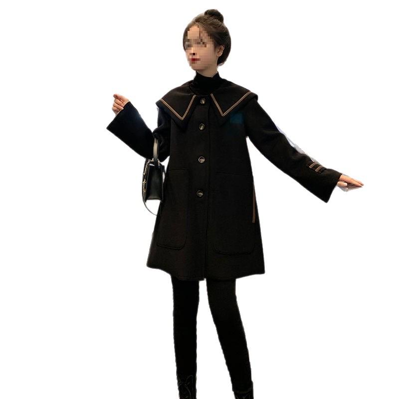 Women's 2026 Navy Collar Medium Wool Coat – Korean Academic A-Line Style, Petite Fit, Single-Breasted.