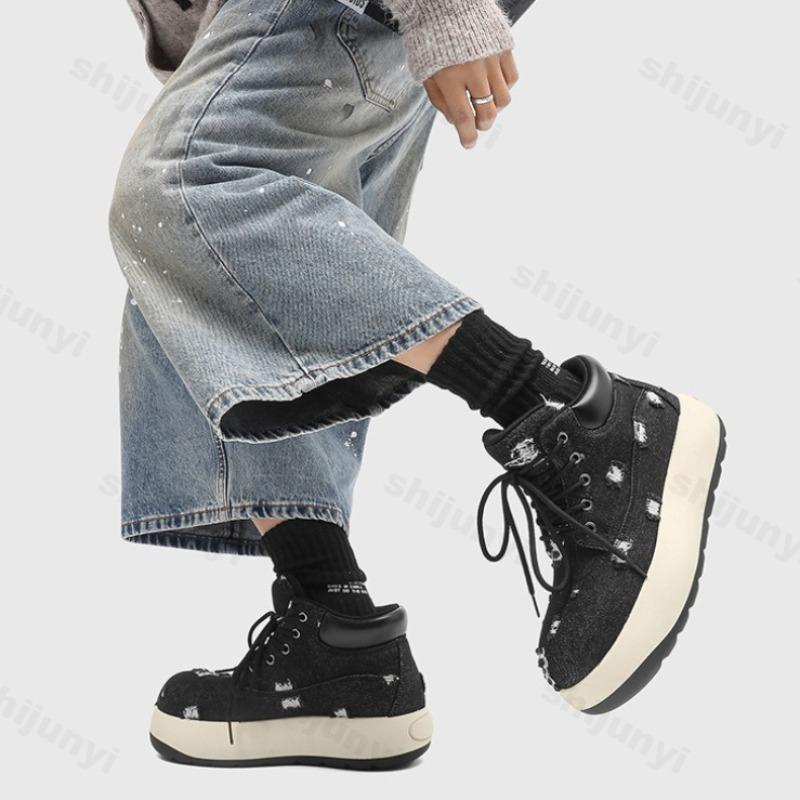 Fashion 2025 Men Niche Design Casual Boots Denim High Top Board Shoes Retro Thick Soled Height Increasing Comfortable Non slip Sneakers