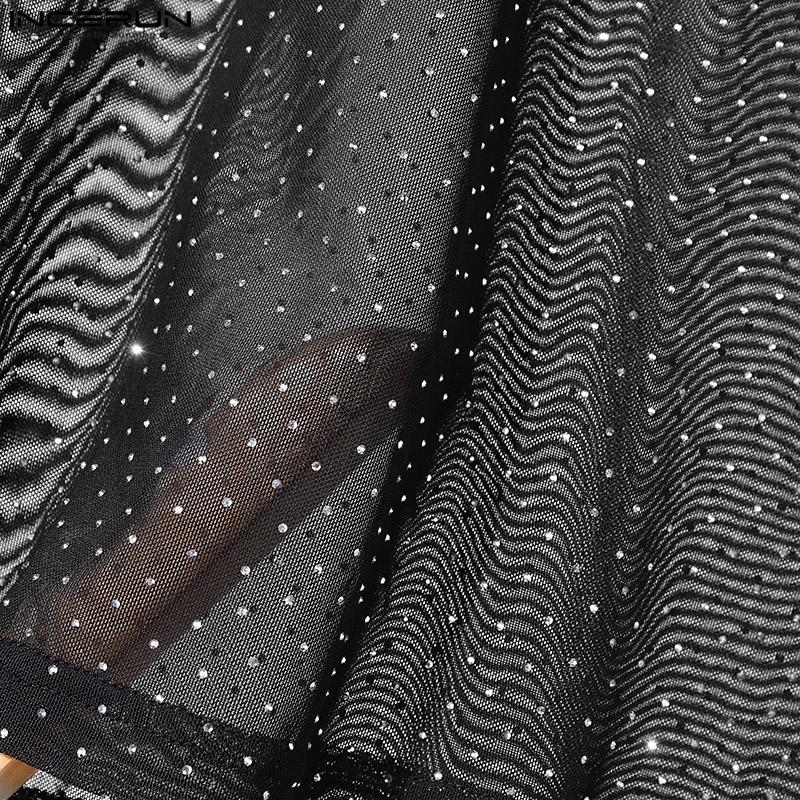 INCERUN Men Long Sleeve Mesh Sheer See Through Tops Skinny T-Shirts