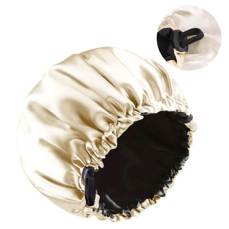 1pc Double Layer Adjustable Satin Bonnet Solid Color Elastic Button for Women Hair Hat Nightcap Silky Satin Fabric