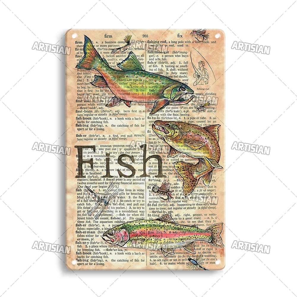 Artisian Fishing Metall-Poster, Sport, Weißblech, Köder, dekoratives Schild, Wanddekoration, Garage, Bar, Pub, Club, Hotel, Café, Küche, Zuhause