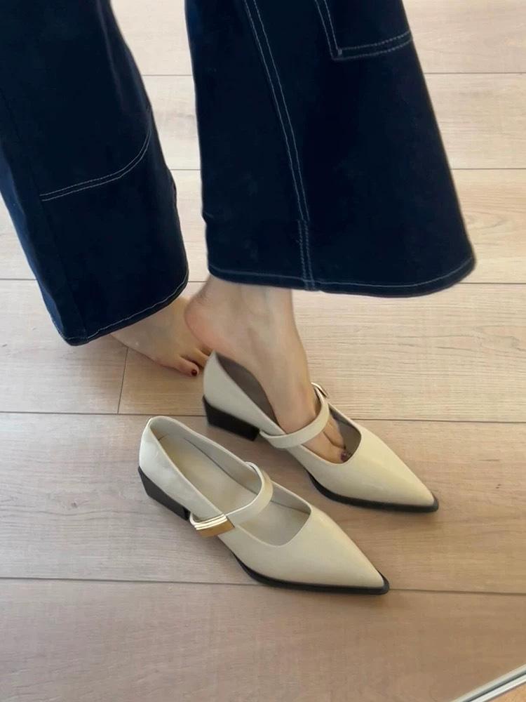 Sheepskin Version~ One-pedal Pointed Mary Jane Shoes Thick Heel Light Mouth One Word with French Commuter Light Mouth Temperament Single Shoes