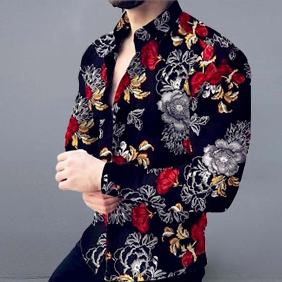 Eye-catching Men Shirt Fine Workmanship Polyester Long Sleeve Flower Pattern Men Shirt Top for Daily