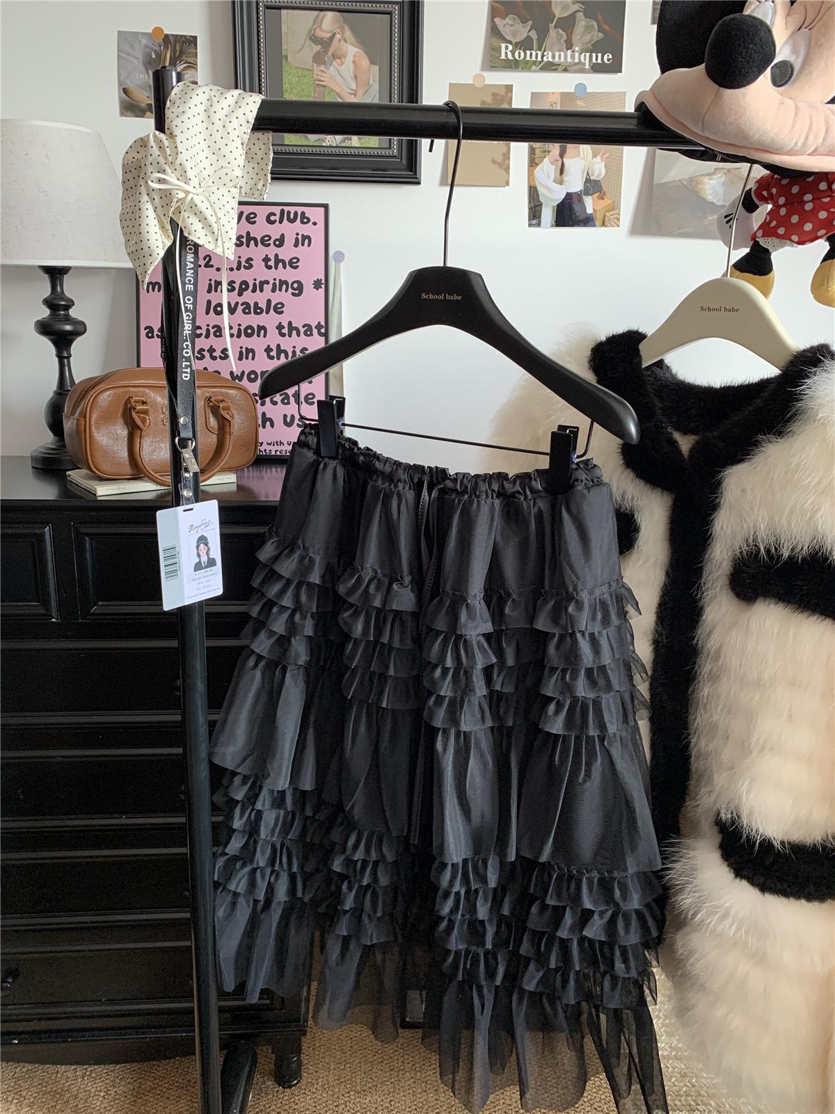 

Authentic Korean Style Mesh Layered Embroidered Ruffle Midi Skirt - Spring/Autumn High-End Women s Fashion. One Size чёрный