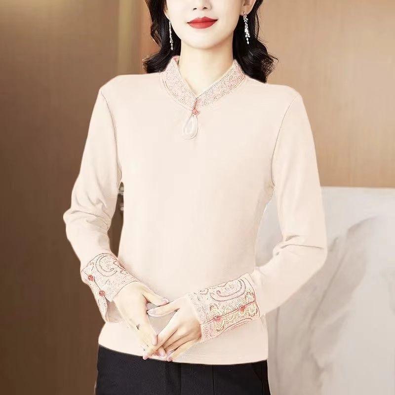 Temperament Embroidered Stand Collar Chinese Style Women's Chinese Retro Literary Long-sleeved Autumn and Winter Bottoming
