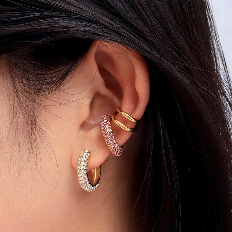Fashion C Shape Round Cartilage Clip Earrings For Women Fake No Pierced Earrings Crystal Rhinestone Geometric Jewelry Gold Color