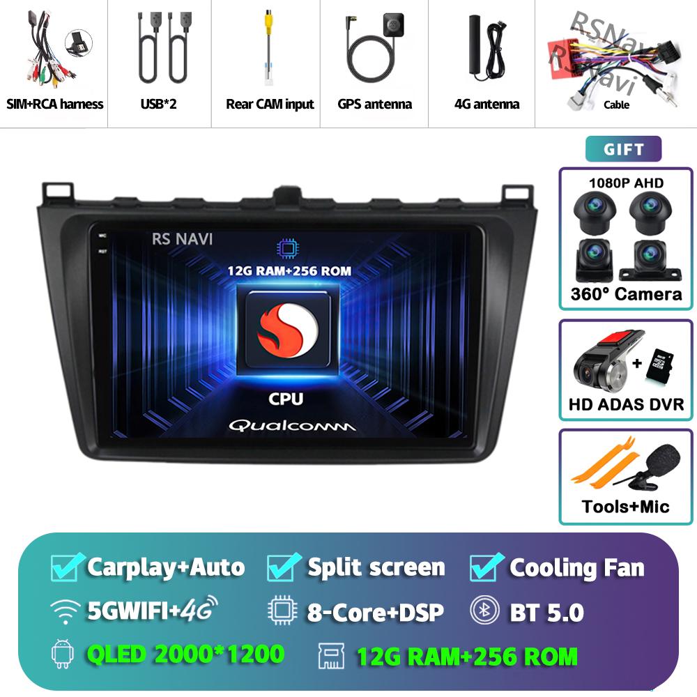 Android 14 Carplay Auto For Mazda 6 2008 - 2012 Car Radio 4G+WIFI Player Multimedia Stereo Navigation Video 360 Camera AI Voice