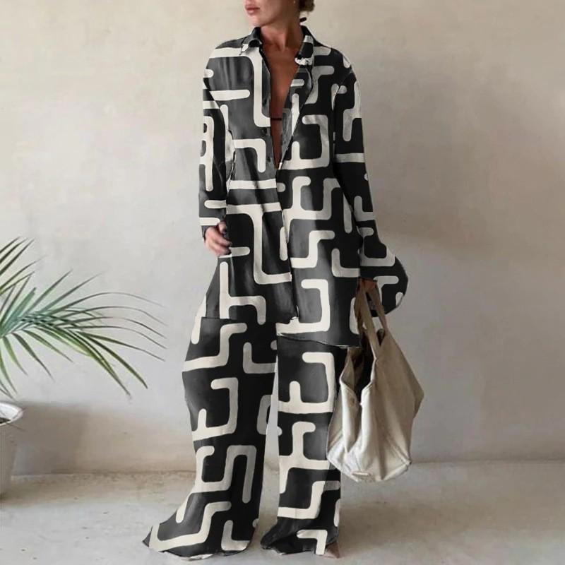 2022 Women's Fashion Print Set: Loose Long-Sleeve Shirt + Straight-Leg Pants