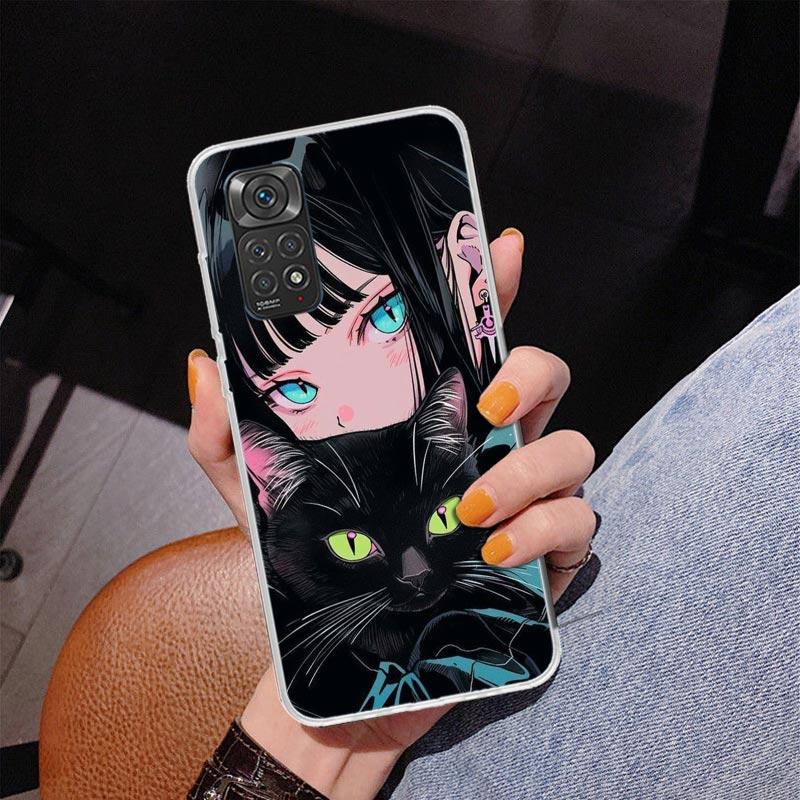 Anime Mädchen Süße Schwarze Katze Handyhülle Für Xiaomi Redmi Note 15 14 13 12S 12 11 Pro Plus 14S 11S 11E 10 10S 11T 5G Personalisiert C