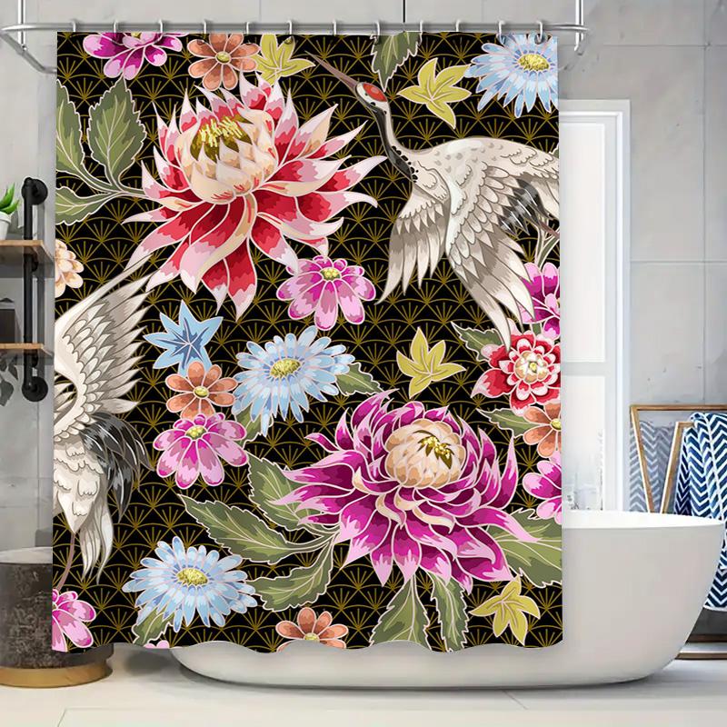 

Цветущая Красота: Розовая цветочная шторка для душа с зелеными листьями, яркие цвета для декора ванной комнаты, водонепроницаемая ткань (60x72) 90x180cm