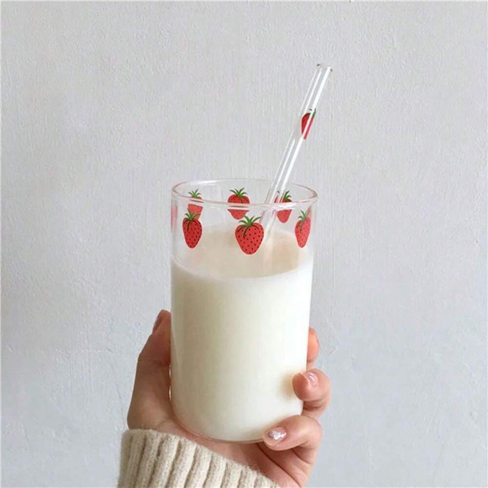 300ml Strawberry Cute Glass Cup With Straw Creative Transparent Water Cup Student Milk Heat Resistant Glass