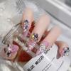 24pcs Glossy Medium Almond Fake Nails, Tender Pink Press On Nails With Silvery Glitter And Shining Heart Shape Rhinestone Pearl Deisgn