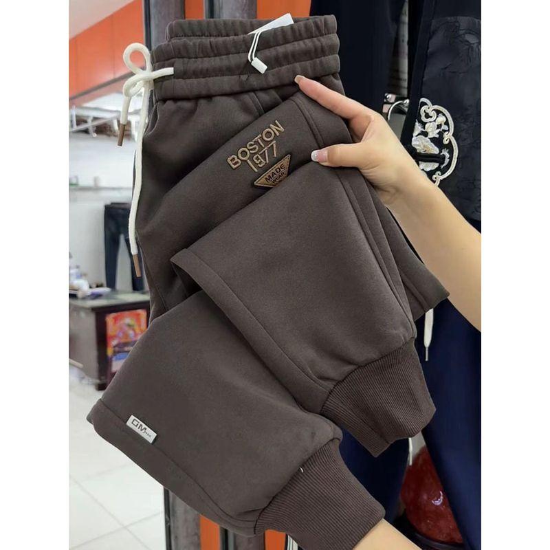 

Европейская станция Осенние хлопковые брюки для бега с высокой талией, свободные, с вышивкой Coffee L