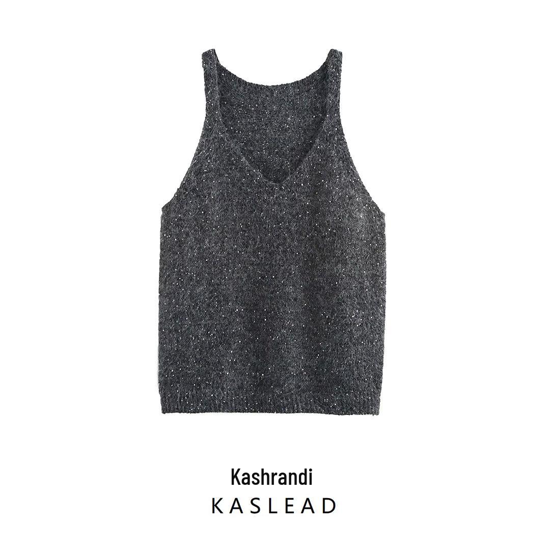 

Spring 2025 Sequin Spaghetti Strap Knit Mid-Length Vest for Women - European & American Style One Size