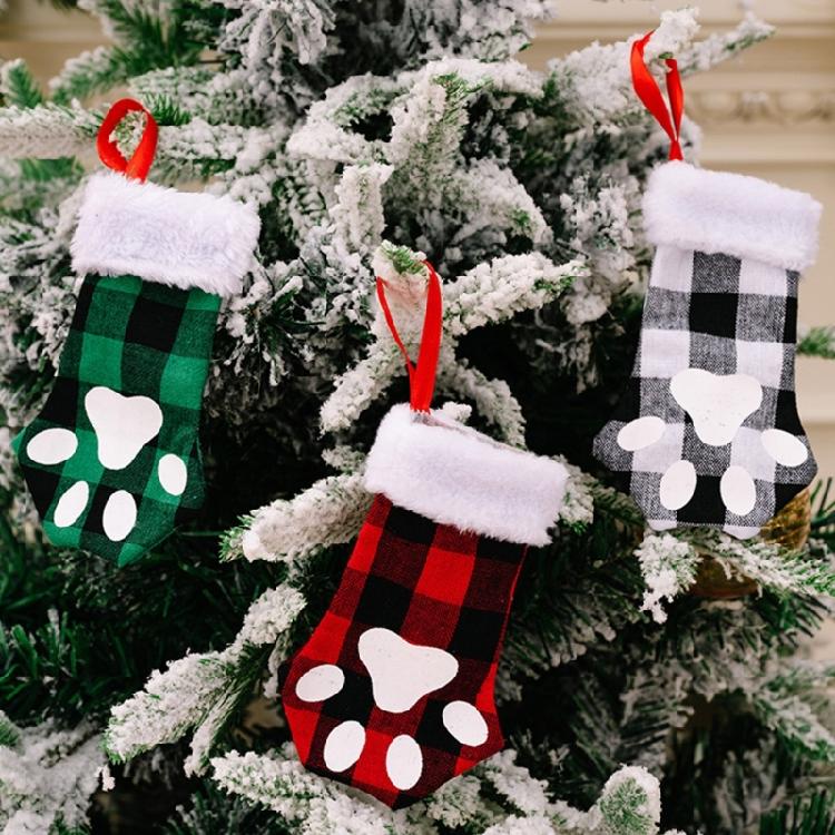 Christmas Cute for Cat Paw Plaid Tree Stocking Family Gather Party Decor
