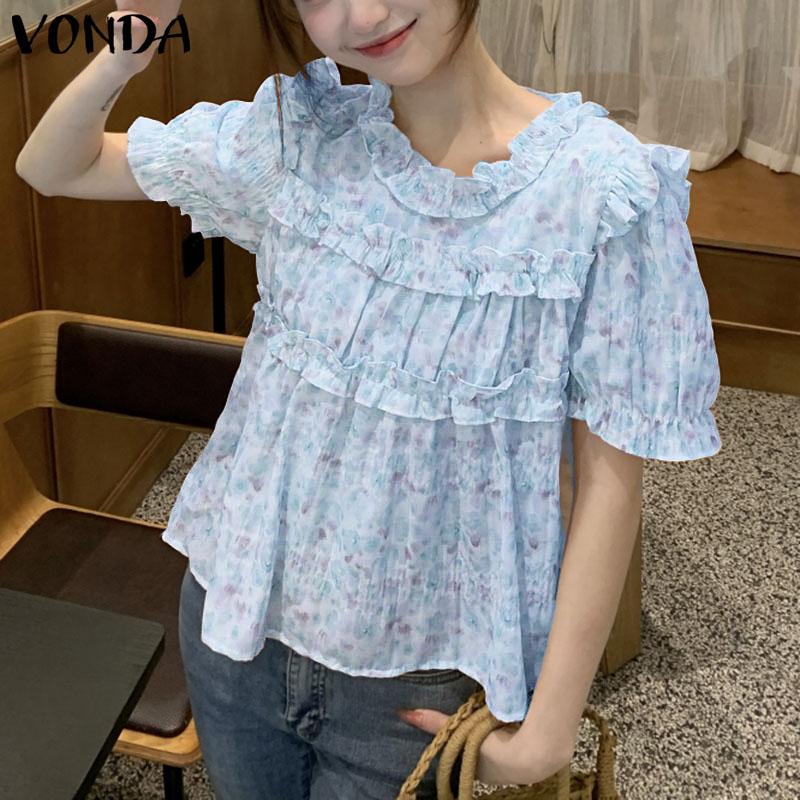 VONDA Women Elegant Puff Sleeve Floral Print Ruffled Casual Blouse