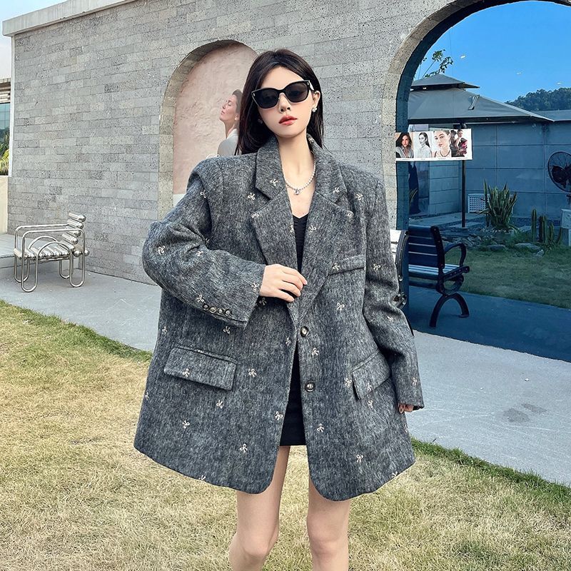 Women Bow Embroidery Tweed Suit Jacket Autumn Winter Thickened Shoulder Pad Wool Blazer Unique Design