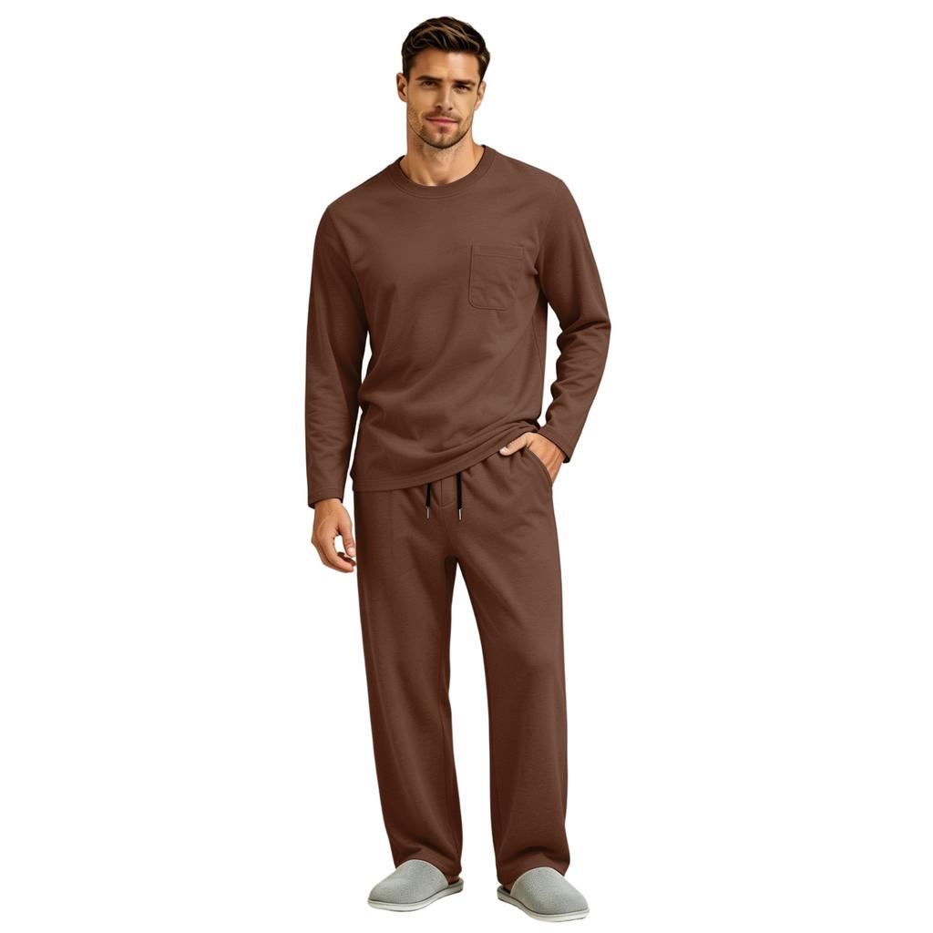 Men's Long Sleeve Pajama Set with Button Fly and Elastic Drawstring Waist for Sleep and