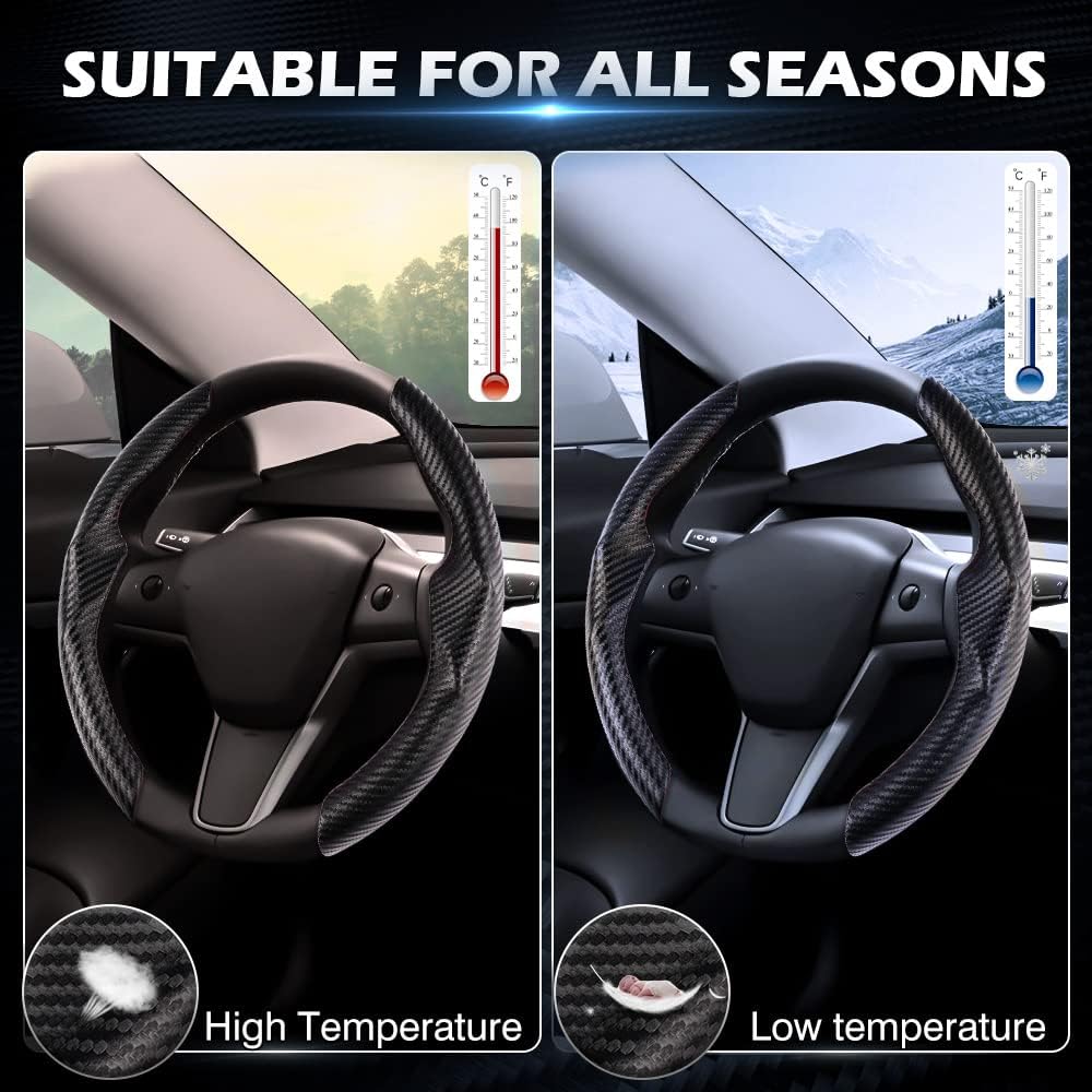 Black Steering Wheel Cover For Tesla Model 3/Y 2016-2025 2026 Juniper/Highland | Non-Slip, Segmented, -Fit, Carbon Fiber | Model Y Juniper