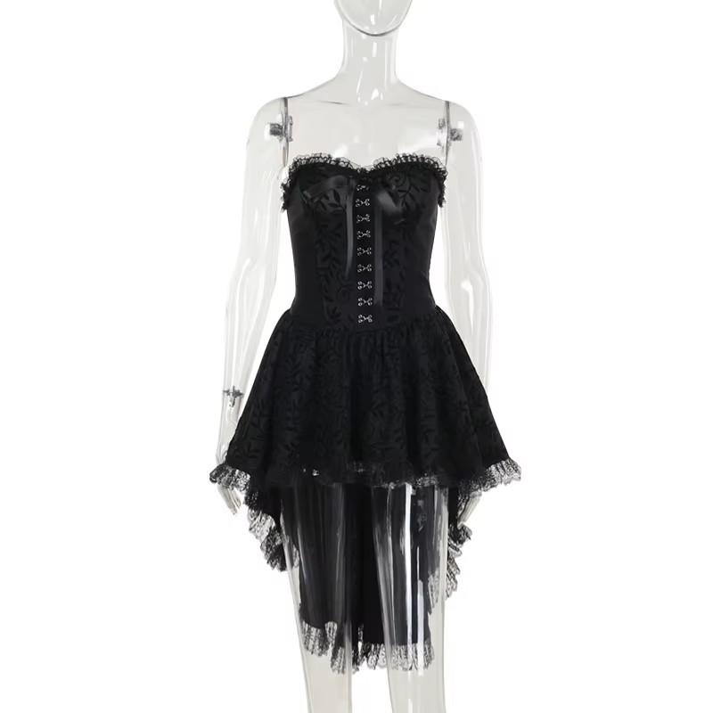 Gothic Goth Dark Lace Patchwork Bandage Strapless Corset Dress Party Gown Fairy Backless Tailed Women