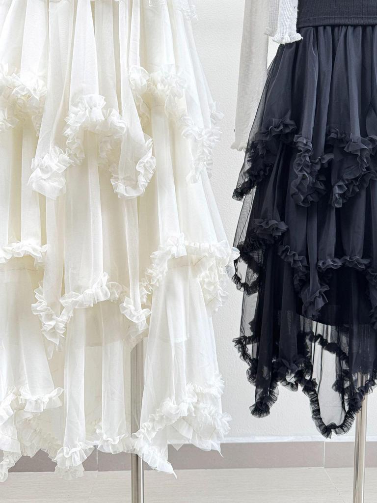 Elegant White Ruffle Mesh A-Line Skirt