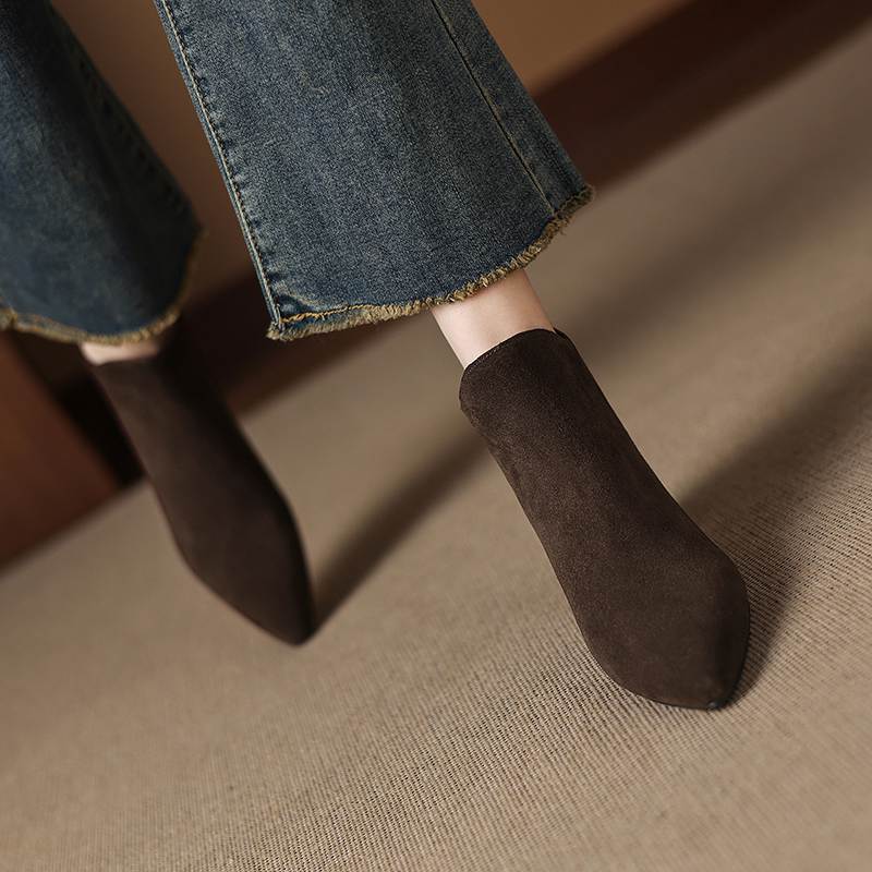 Krazing Pot Cow Suede Nubuck Pointed Toe Thick Heels Chelsea Boots Size 43 Zip Basic Clothing Women Ankle Boots