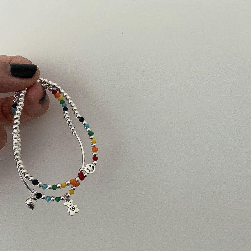Korean Style S925 Silver Plated Rainbow Bead Heart Bear Bracelet - Women's Fashion Jewelry