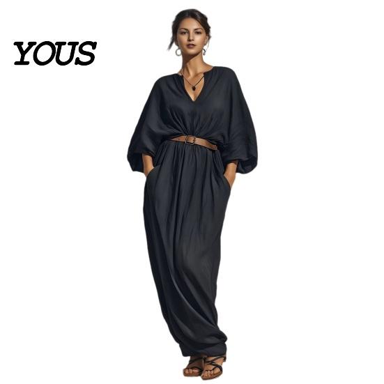 Elegant Casual Dress Women's Batwing Long Sleeve Maxi Dress, V Neck Flowy Versatile Women Summer Travel Vacation Loose Outfit with Belt Beach
