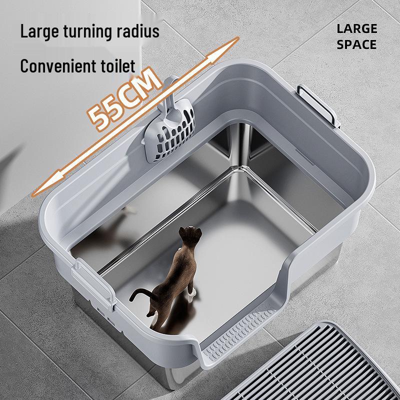 Semi-Enclosed Stainless Steel Cat Litter Box with High Walls, Splash and Leak Resistant, Large Top-Entry Design.