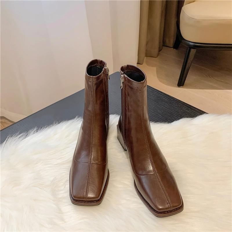Women Autumn Vintage Square Toe Ankle Boots Soft Leather Elastic Slim Chelsea Boots Fashion Zipper Casual Short Boots