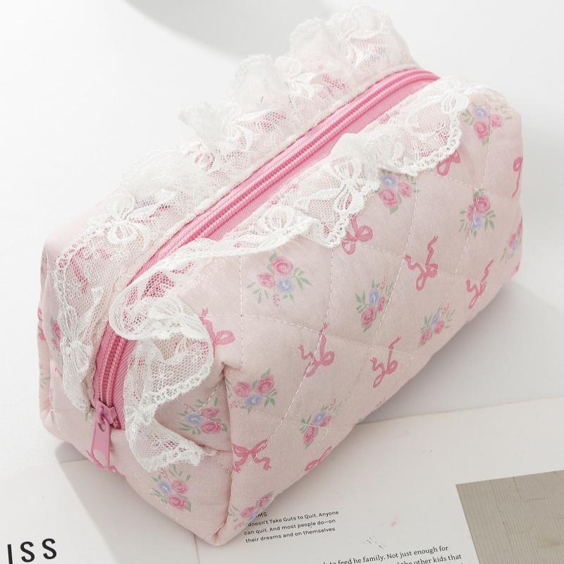 Makeup Organizer Bag Large Capacity Ruffled Edge Bow Floral Print Pen Storage for School Travel Work