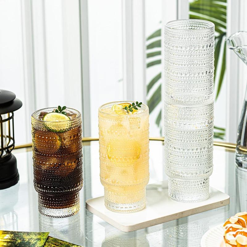 16oz Hobnail Drinking Glasses Set of 4, Stackable Glass Cups With Glass Straws, Aesthetic Cocktail Glasses
