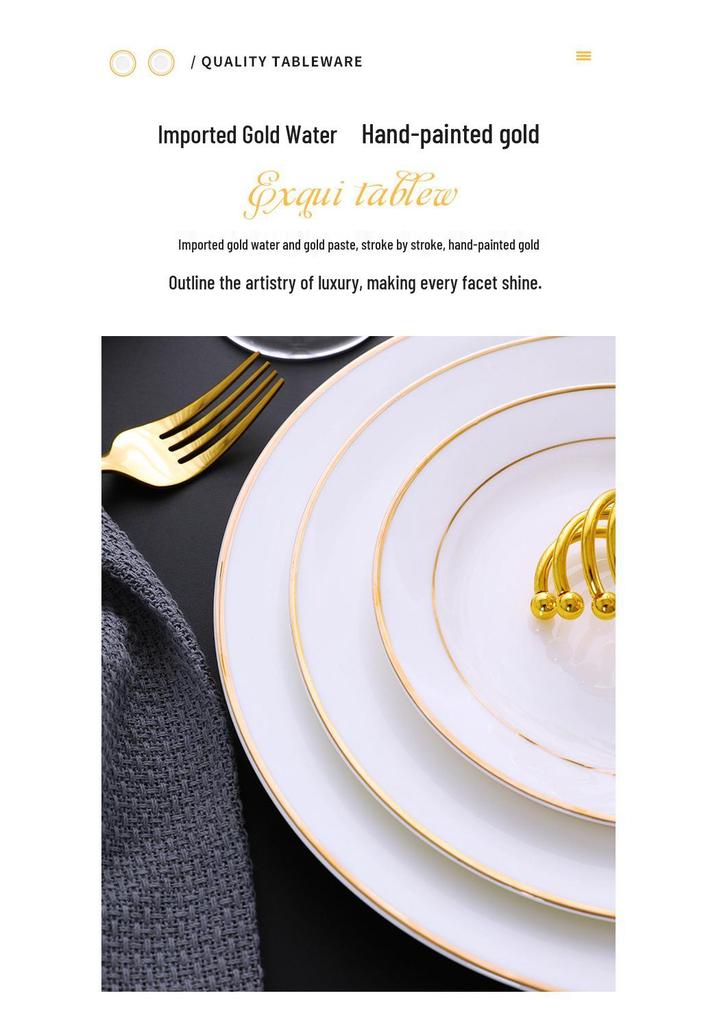 Gold Rimmed Jingdezhen Bone China Flat Plate - Elegant Ceramic Dinnerware for Home & Restaurant