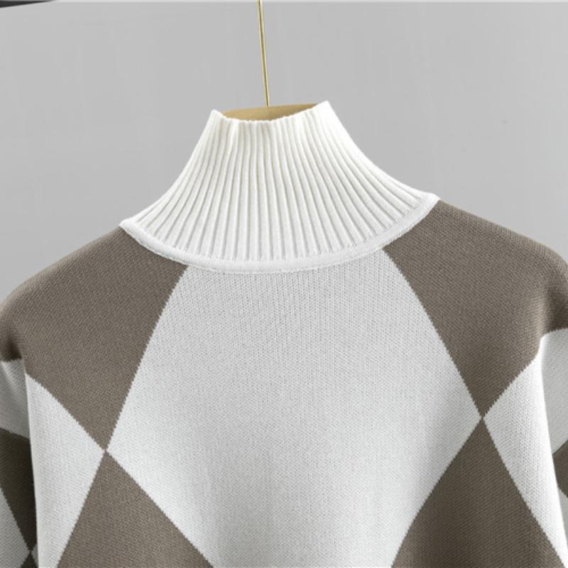 Fashion Set Women's Spring and Autumn Casual Knitted Checked Sweater Two-piece Set