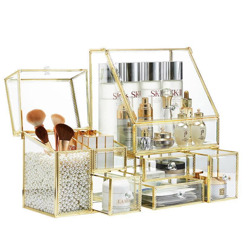 Luxuriöses Kosmetik-Aufbewahrungsregal aus Glas für Lippenstift, Schmuck und Hautpflege