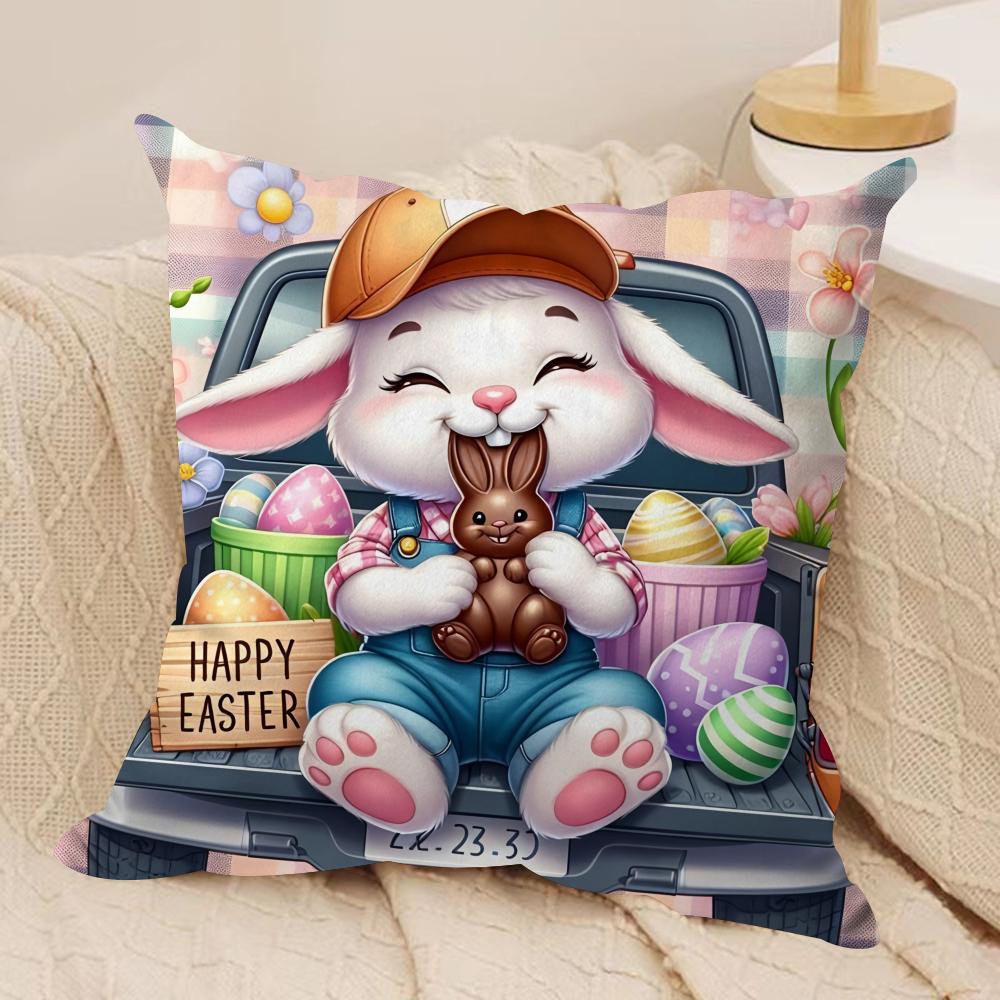 Easter Rabbit Cute Cushion Cover Silky Short Plush Invisible Zipper Dustproof Sofa Pillow Case For Home Decor