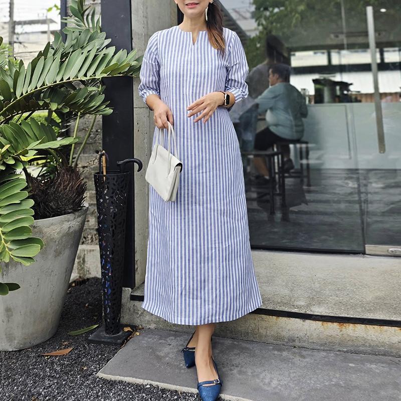 

ZANZEA Женское повседневное платье с V-образным вырезом, рукавом 3/4, свободного кроя, с разрезами по бокам и полосками S синий