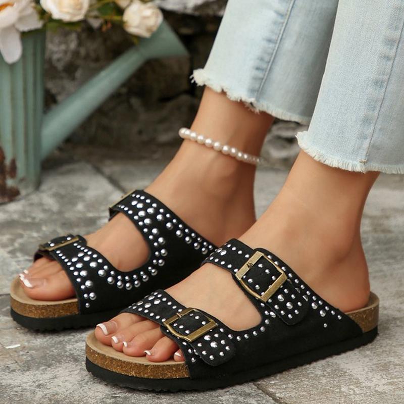 Fashion Summer Suede Flat Slippers for Women Soft Bottom Rivet Street Style Woman Slippers Buckle Strap Solid Woman Slides