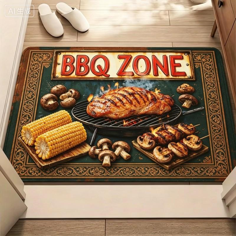 Retro BBQ Zone Welkom Deurmat Gegrilde Ribben Steak Vlees Patroon Voordeurmat Picknick Achtertuin Feest Entree Tapijt Vloerkleden 60X90cm