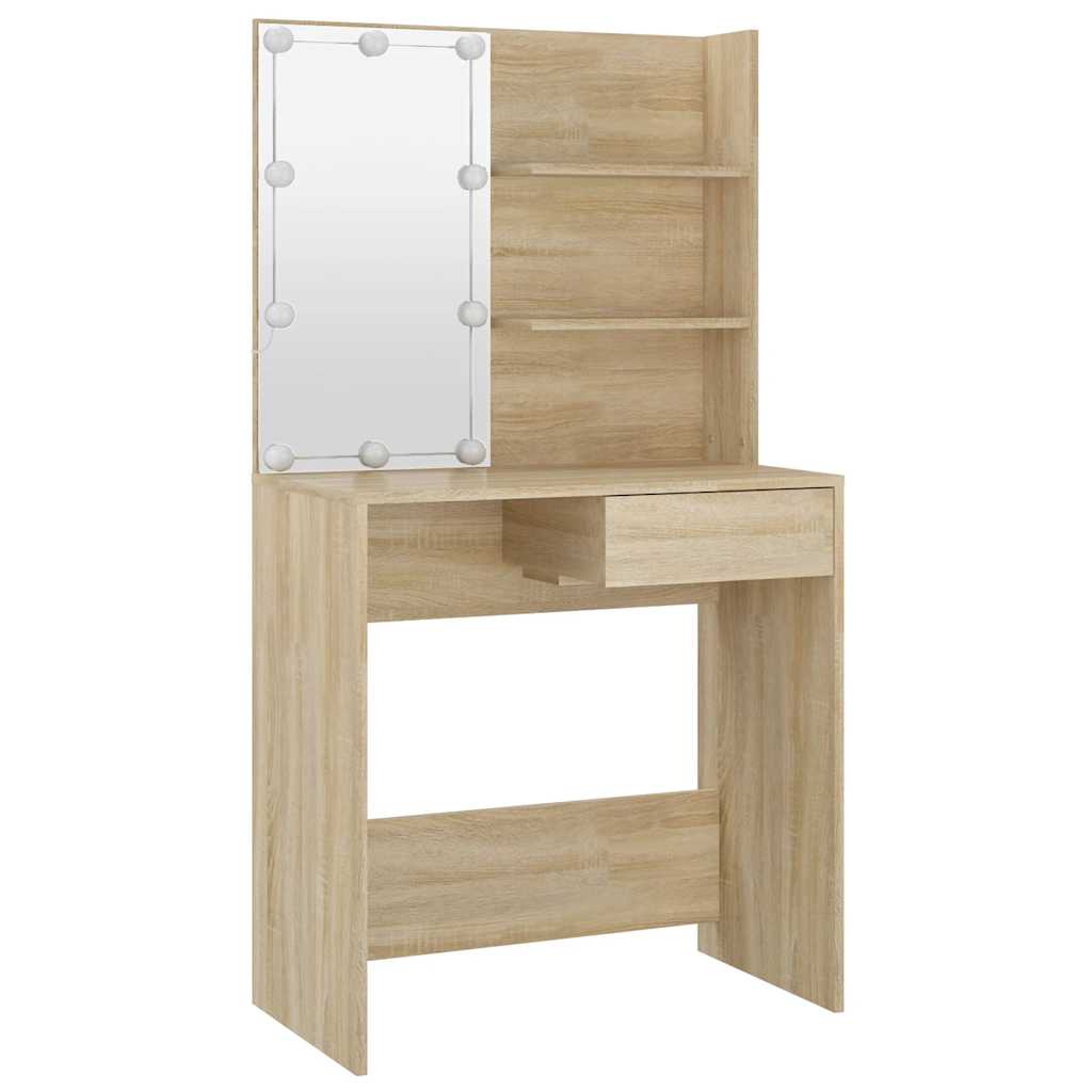 Makeup Vanity with LED Lights Sonoma Oak Finish 74.5 x 40 x 141 cm Engineered Wood