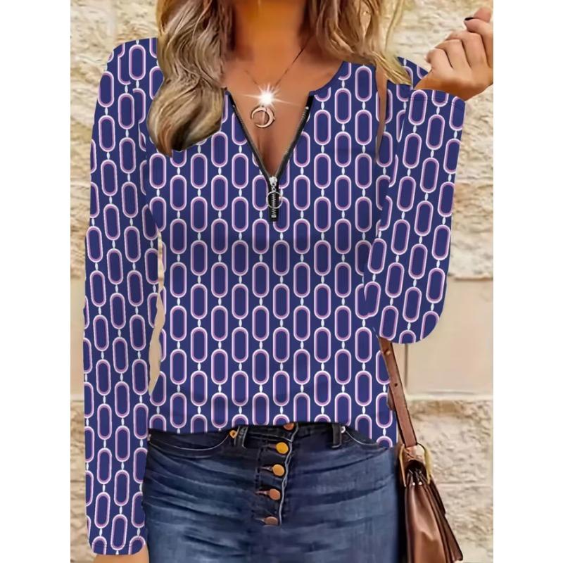 Elegantes Damenoberteil mit Reißverschluss und Print, langärmelig, stilvoll und vielseitig für Herbst und Winter, Freizeit- und Bürokleidung, maschinenwaschbar