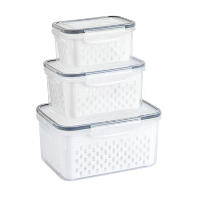 3Piece Ventilated Kitchen Organizers Stackable Plastic Container With Drain Basket for Refrigerator Food Preservation