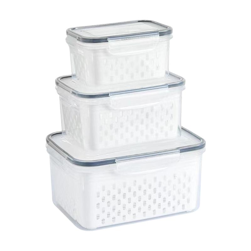 

3Piece Ventilated Kitchen Organizers Stackable Plastic Container With Drain Basket for Refrigerator Food Preservation 1
