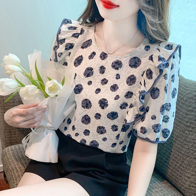 New Summer Fashion Polka Dot Chiffon Top Short-sleeved T-shirt Women's High-end Chic Beautiful Shirt Fashionable