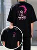 Printed Short-Sleeved Shirt Black T-Shirt Featuring Pink Anime Character Silhouette with Detailed Muscle Back and Skull Pile