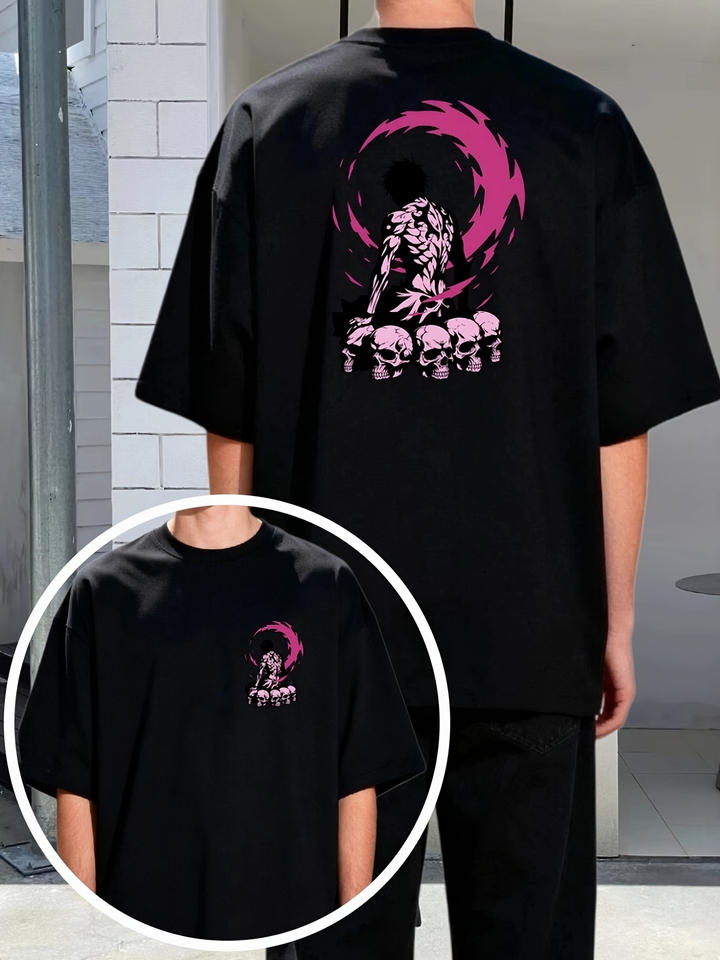 Printed Short-Sleeved Shirt Black T-Shirt Featuring Pink Anime Character Silhouette with Detailed Muscle Back and Skull Pile