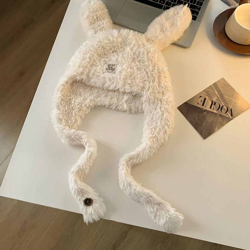 Rabbit Ears Knitted Plush Hat Women's Autumn and Winter Warm and Cold-proof Baotou Hat Versatile Ear Protector Lei Feng Hat Wool Hat
