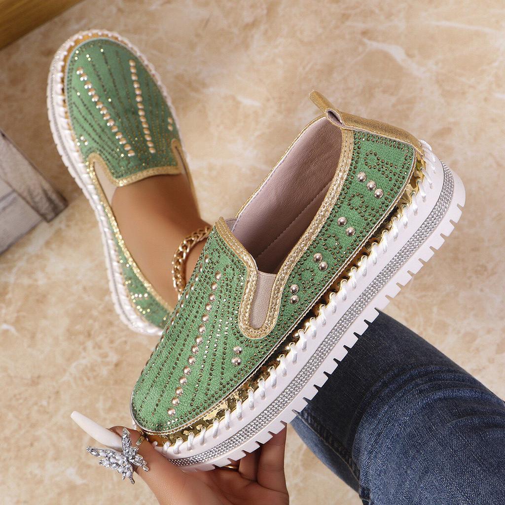 Runde Zehenpartie Damen Slip-on Loafer Mode Kristall Glitzer Anti-Rutsch Freizeit Schuhe für Damen Dicker Boden Flache Schuhe Frühling Sommer