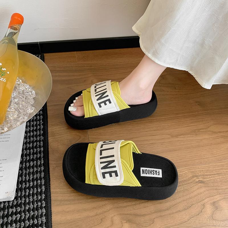 High-value Slippers Women's Summer 2025 Korean Version of Letter Velcro Platform Casual One-word Sandals Outer Slippers Women's Shoes
