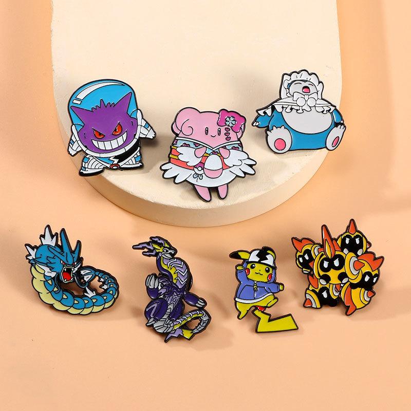 7pcs Pokemon Lapel Pins Set Pikachu Snorlax Gyarados Gengar Metal Alloy Backpack Badges Fashion Jewelry Gift Halloween for Kid Friendly Entertaining
